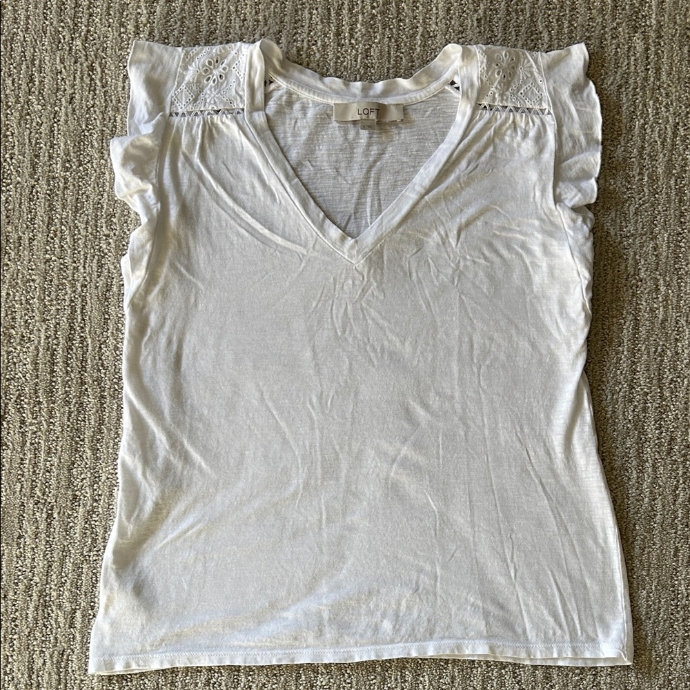 LOFT White V-Neck Lace Shoulder Tank